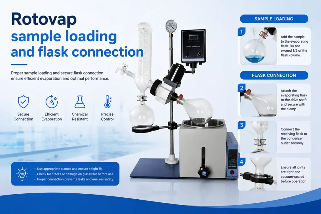 Rotovap sample loading and flask connection