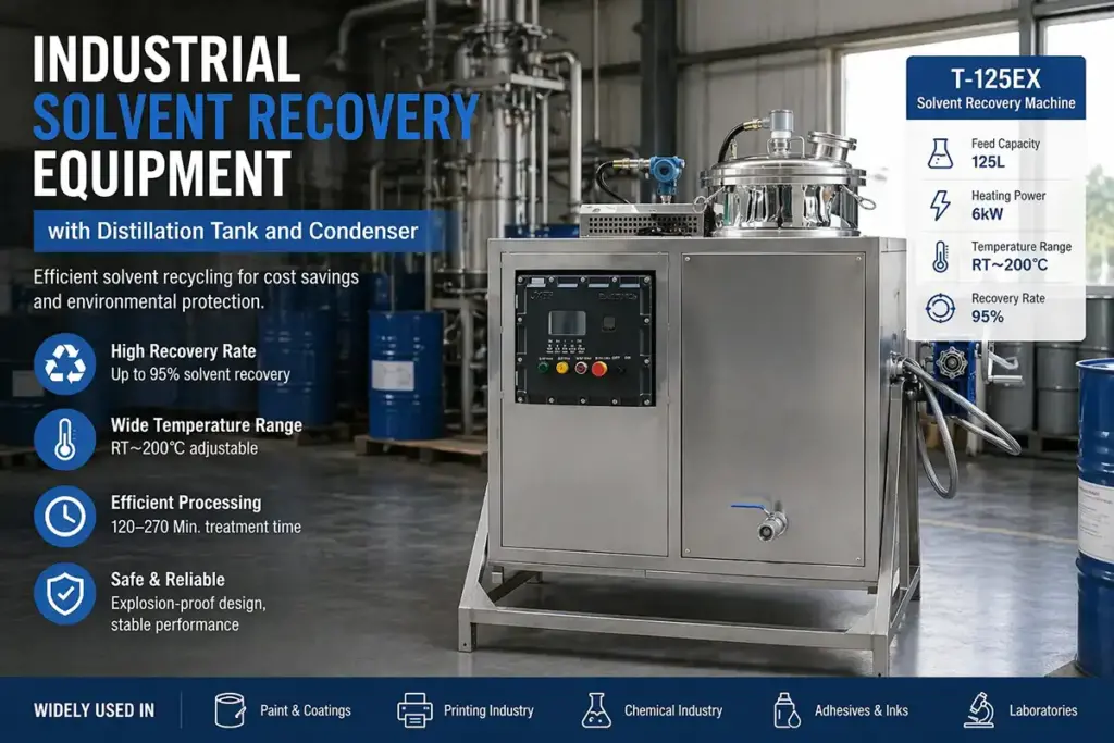 Industrial solvent recovery equipment with distillation tank and condenser industrial solvent recovery equipment with distillation tank and condenser