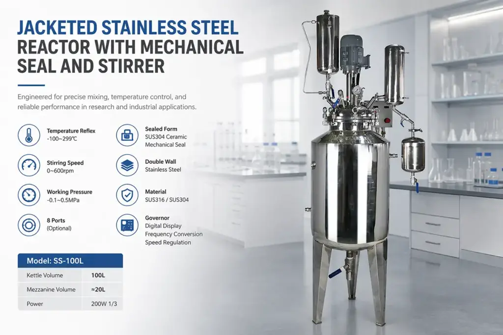 jacketed stainless steel reactor with mechanical seal and stirrer