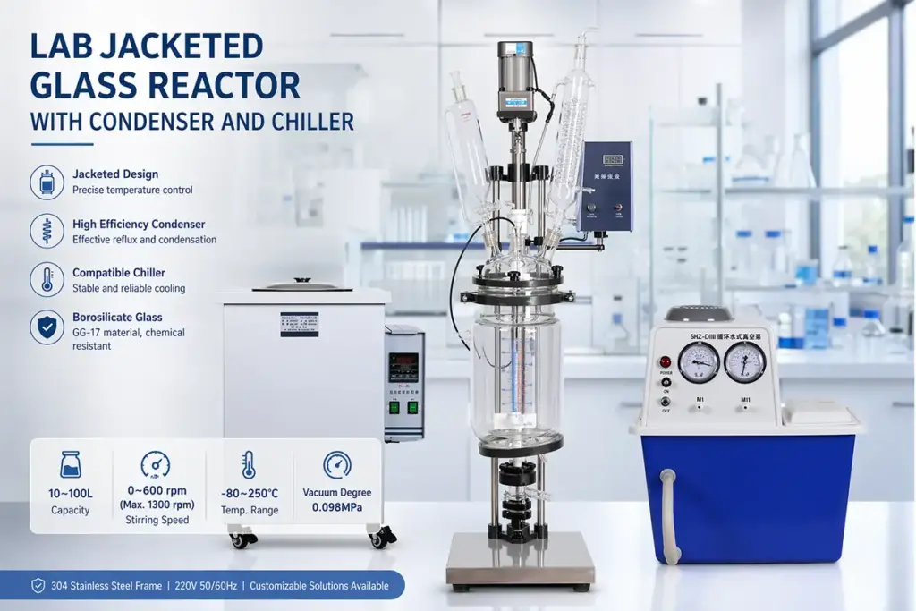 Lab jacketed glass reactor with condenser and chiller lab jacketed glass reactor with condenser and chiller