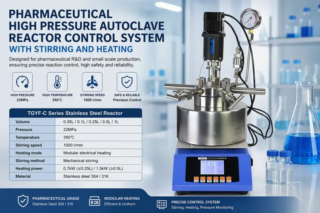 pharmaceutical high pressure autoclave reactor control system with stirring and heating