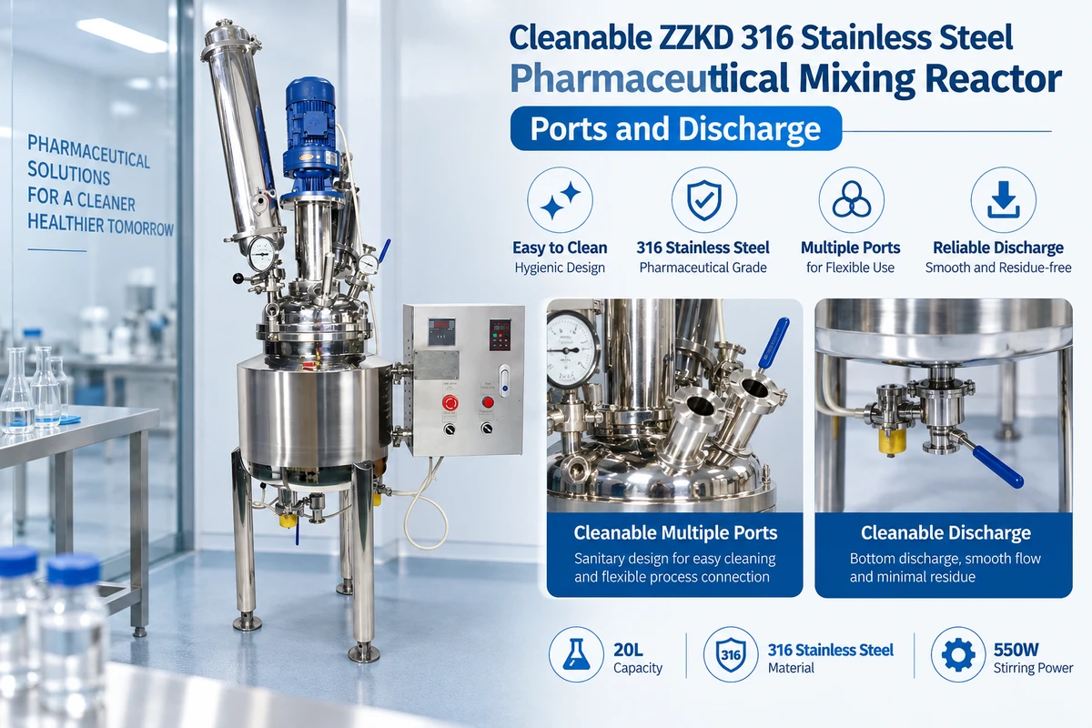 Cleanable 316 stainless steel pharmaceutical reactor cleanable ZZKD 316 stainless steel pharmaceutical mixing reactor ports and discharge