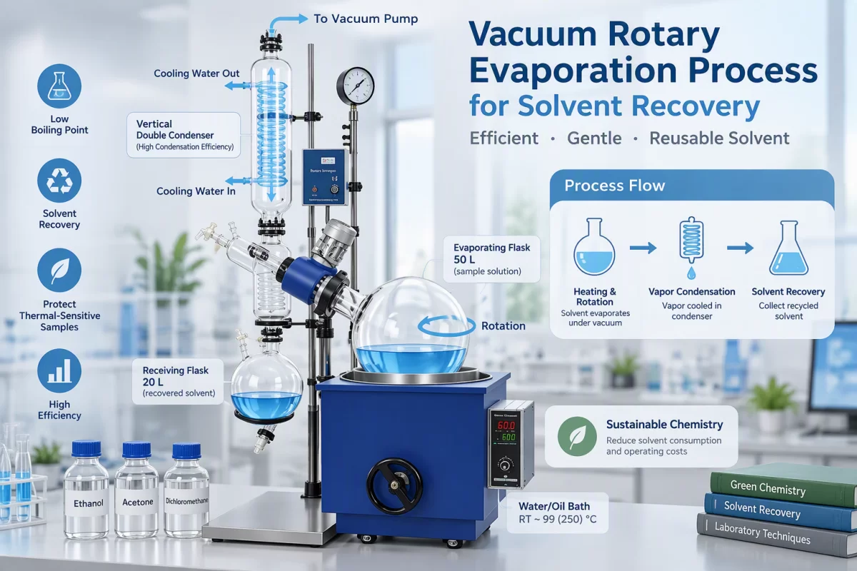 Vacuum evaporation and solvent condensation process vacuum rotary evaporation process for solvent recovery