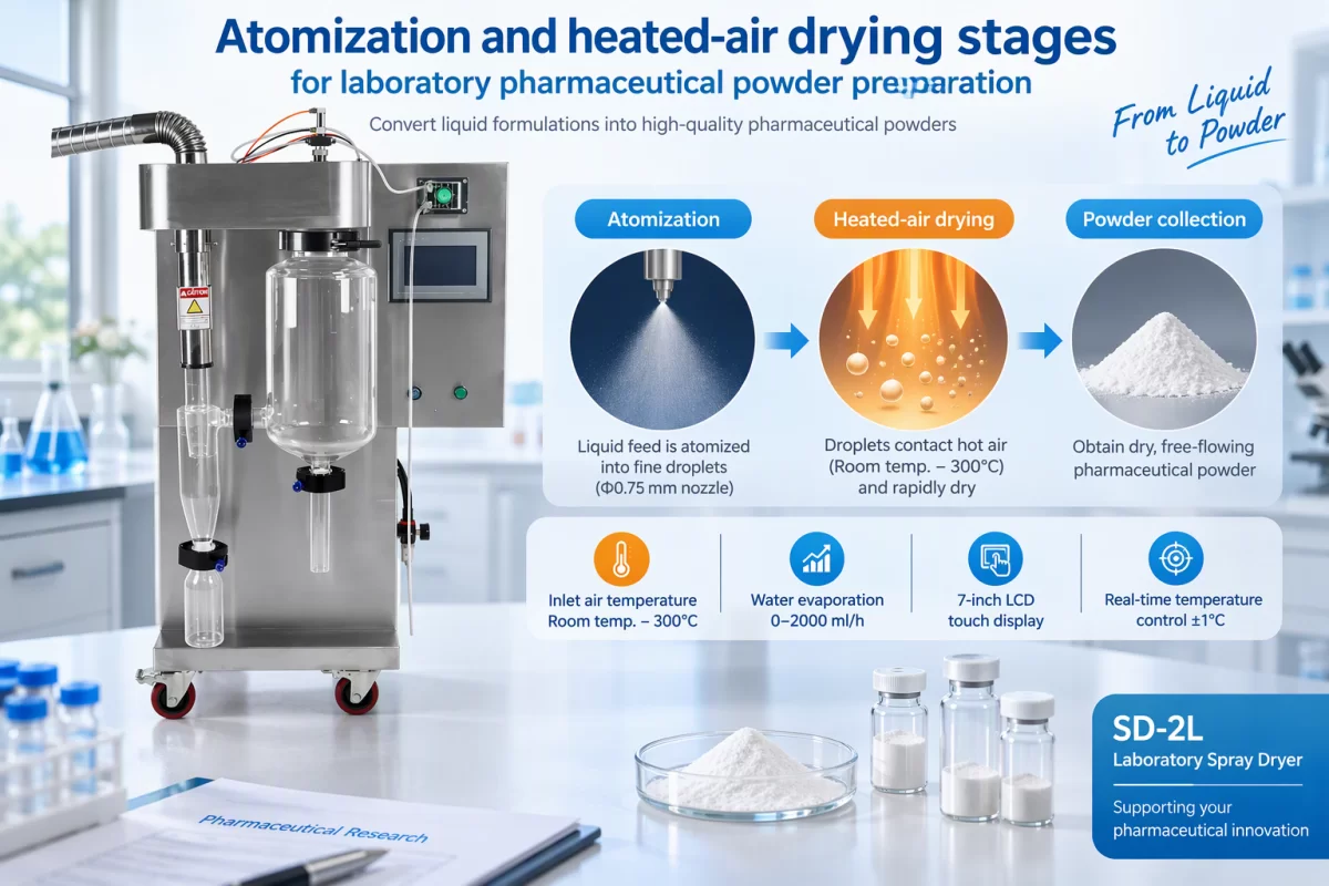 Atomization and heated-air drying stages for laboratory pharmaceutical powder preparation