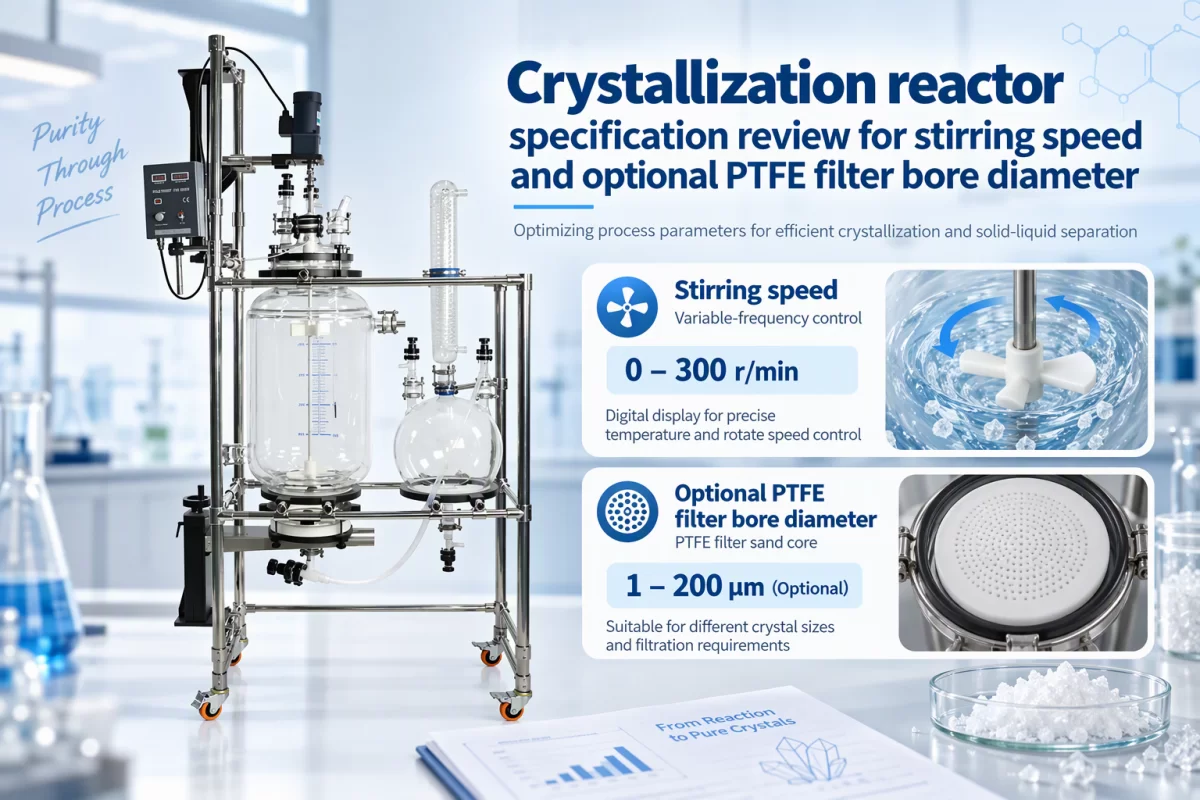 Crystallization reactor specification review for stirring speed and optional PTFE filter bore diameter
