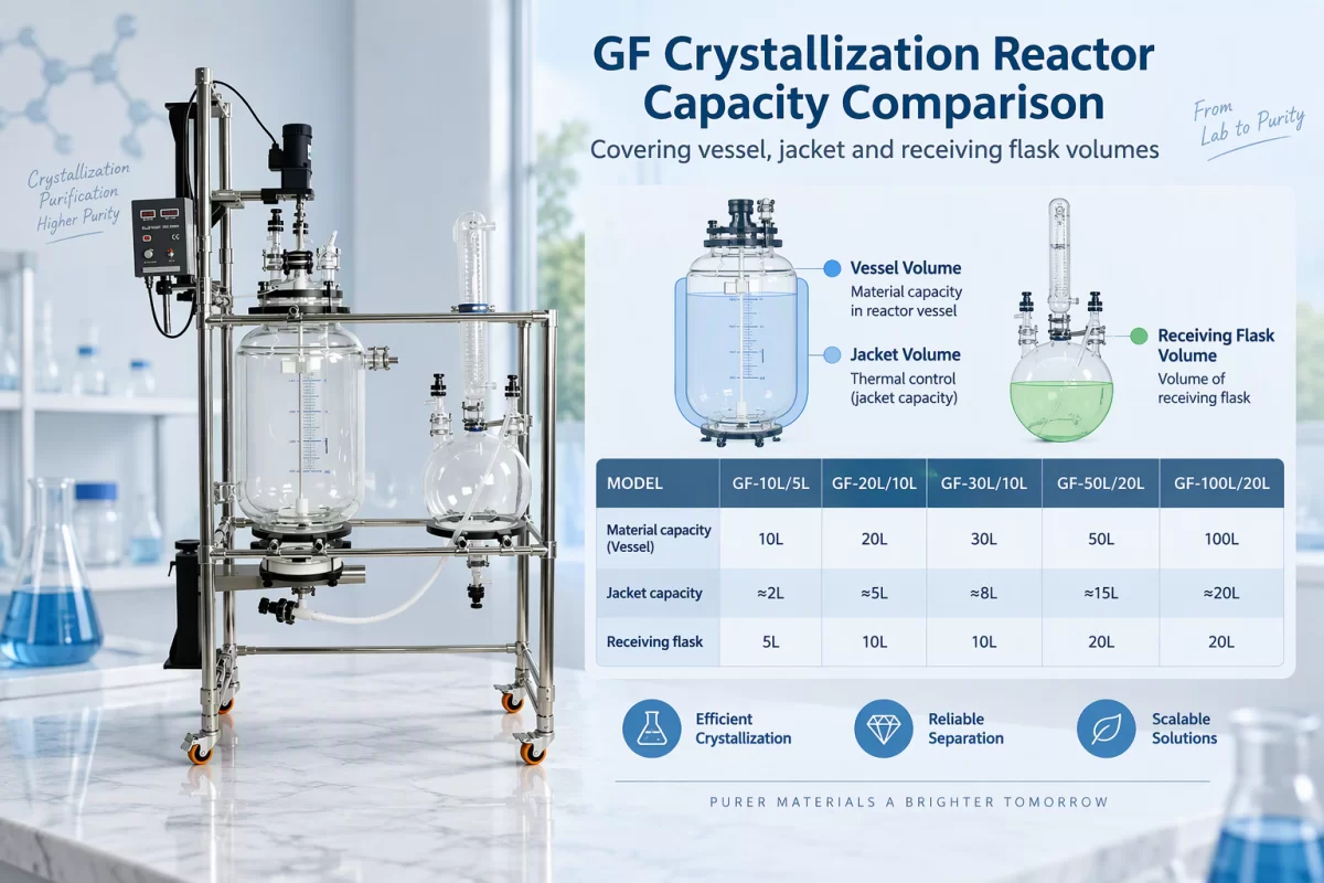 GF crystallization reactor capacity comparison covering vessel, jacket and receiving flask volumes