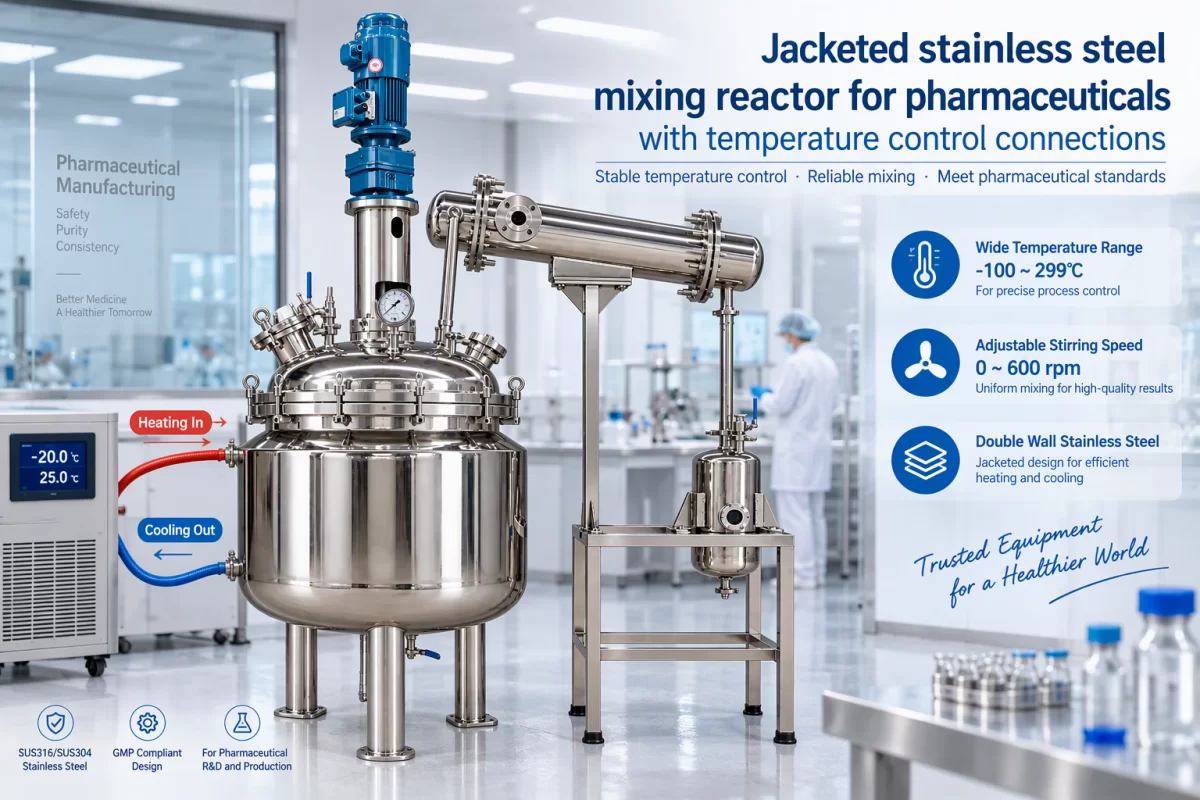 Temperature Control Connections for a Pharmaceutical Mixing Reactor Jacketed stainless steel mixing reactor for pharmaceuticals with temperature control connections