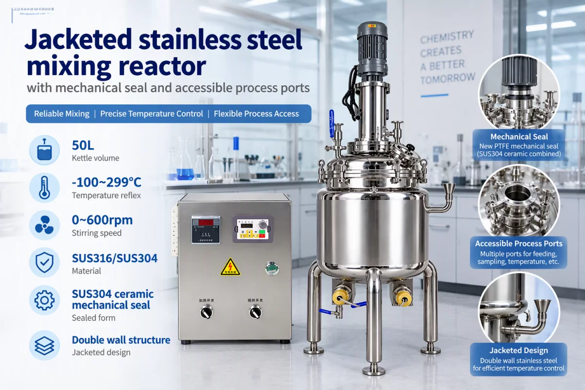Stainless Steel Reactor Configuration for Chemical Development Jacketed stainless steel mixing reactor with mechanical seal and accessible process ports