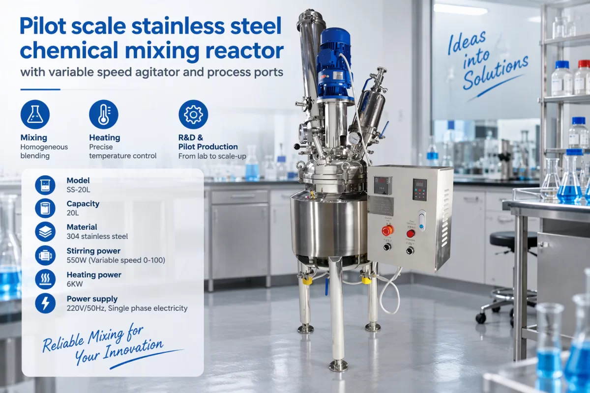 Pilot-Scale Stainless Steel Mixing Reactor Pilot scale stainless steel chemical mixing reactor with variable speed agitator and process ports