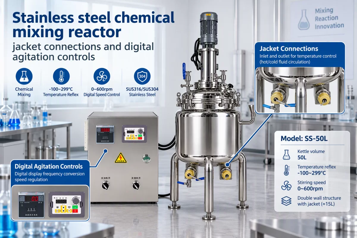 Temperature Management and Digital Agitation Control Stainless steel chemical mixing reactor jacket connections and digital agitation controls