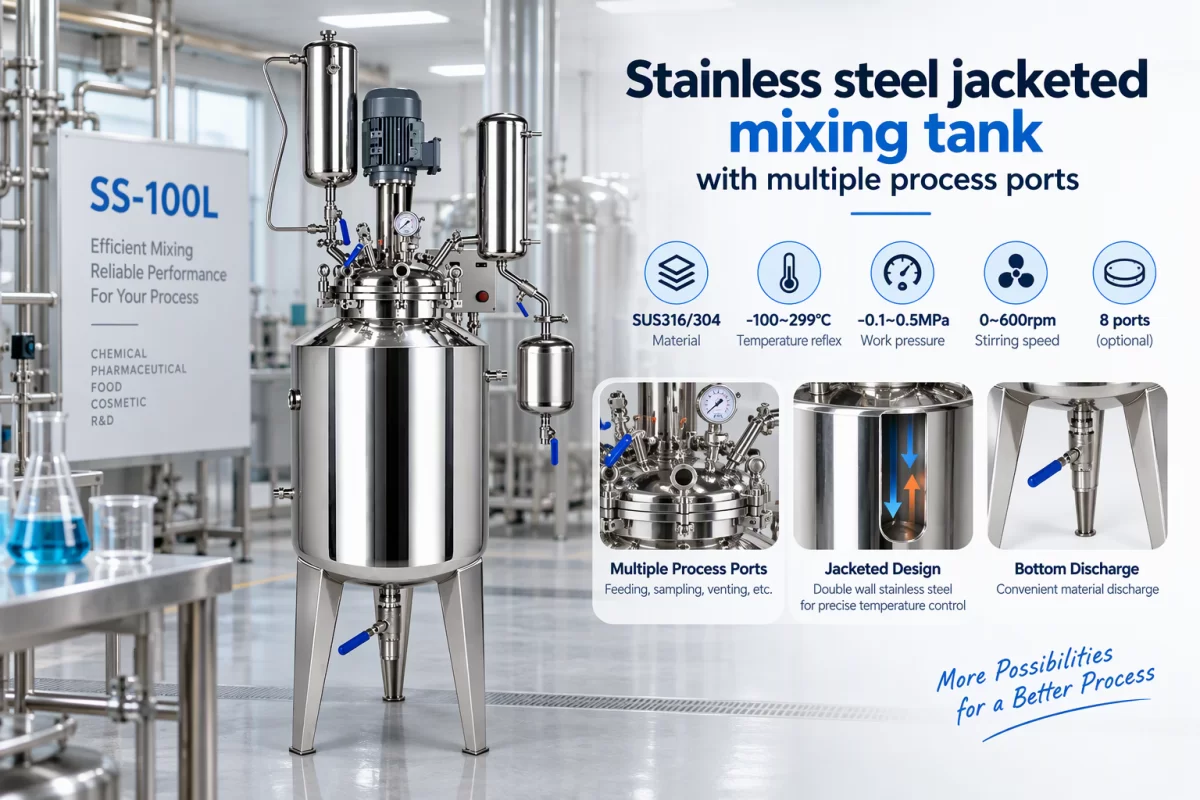 Jacketed mixing reactor for pharmaceutical batch processing Stainless steel jacketed mixing tank with multiple process ports